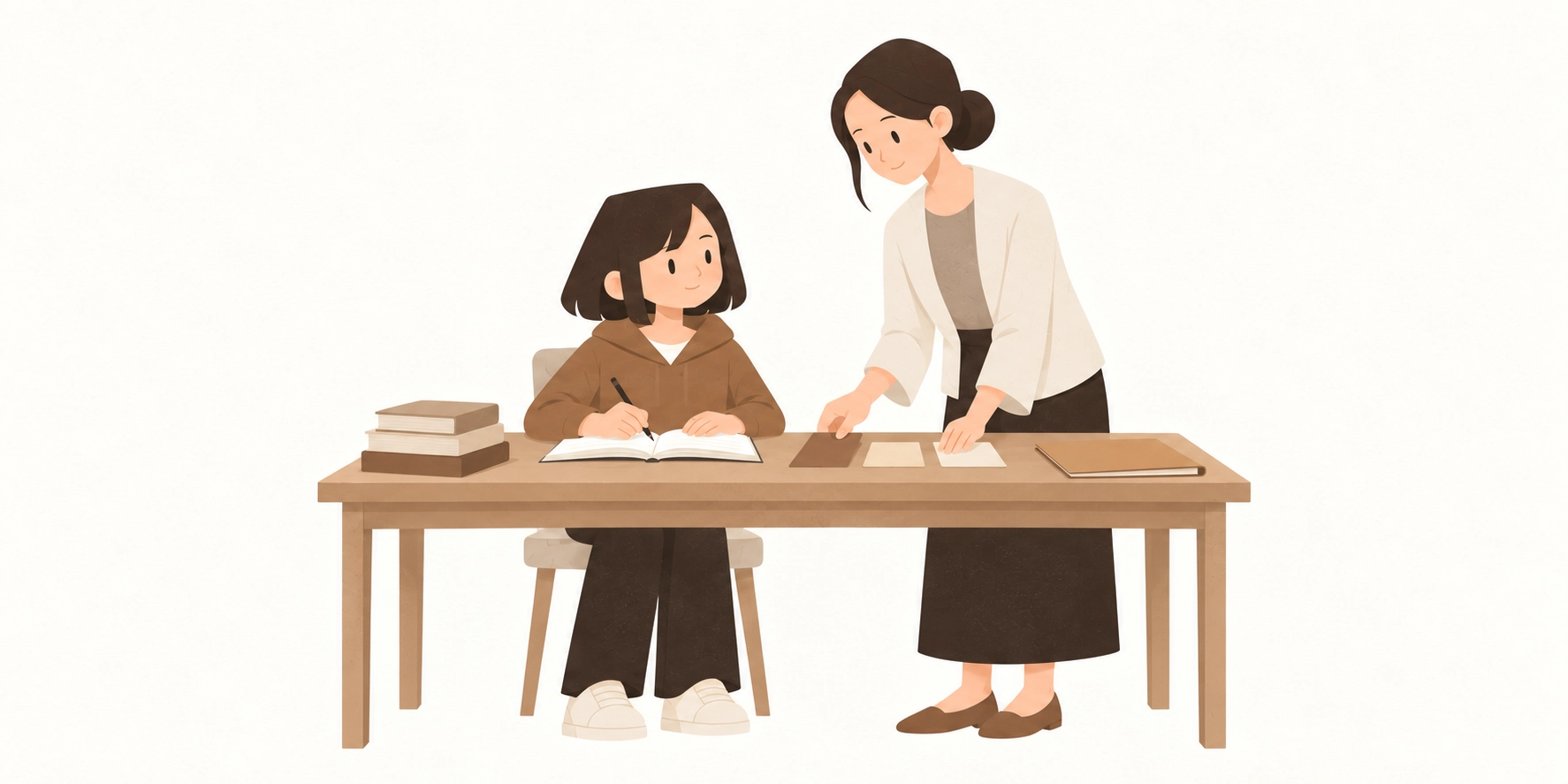 老師在桌邊了解學生的作答方式
