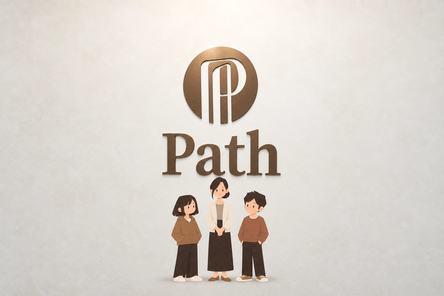 培斯 Path 品牌牆與男學生、女學生及老師插畫角色